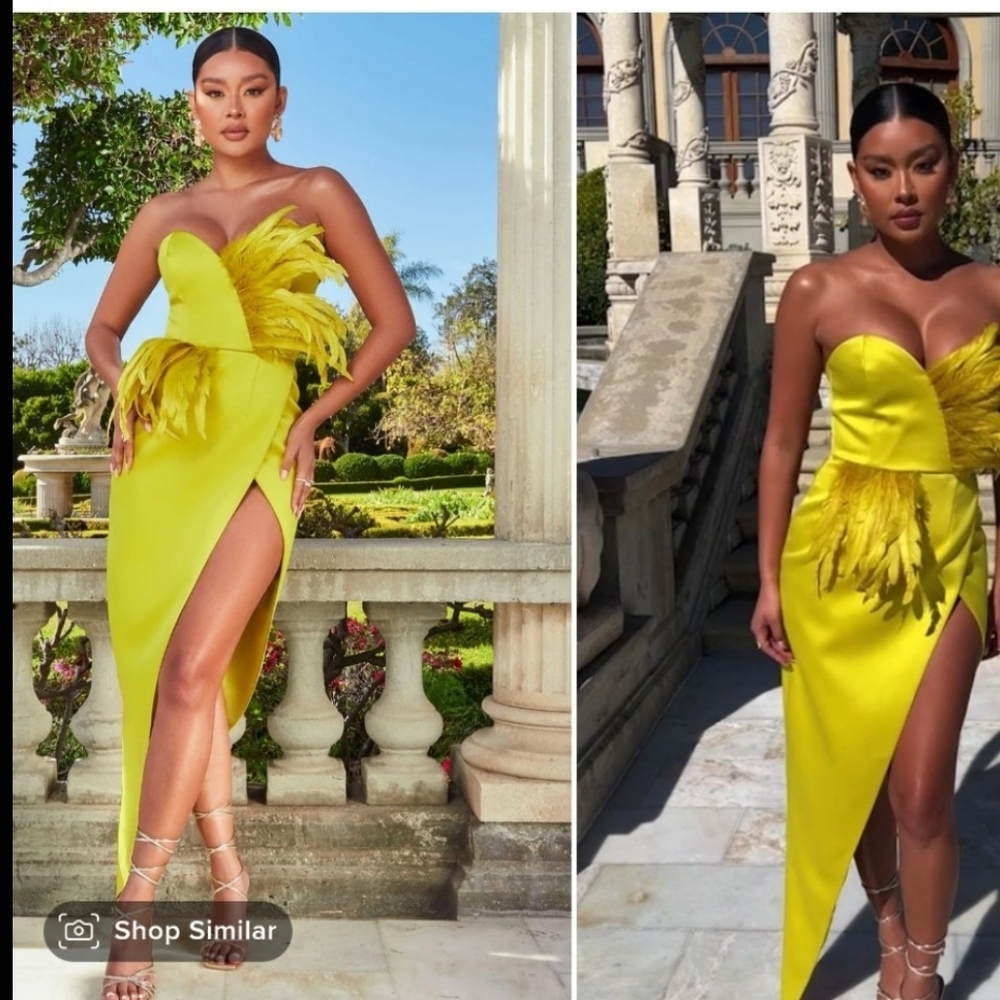 Fashion Nova Asymmetrical Yellow Dress with Feather Detail